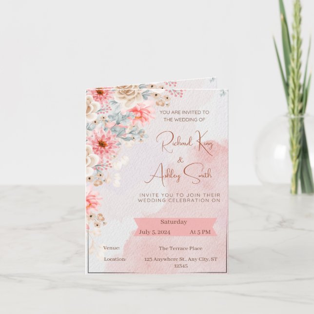 Rosa Blossom-Hochzeitkarte Einladung (Vorderseite)