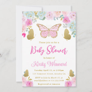 Rosa. Blue and Gold Floral Butterfly Baby Dusche Einladung
