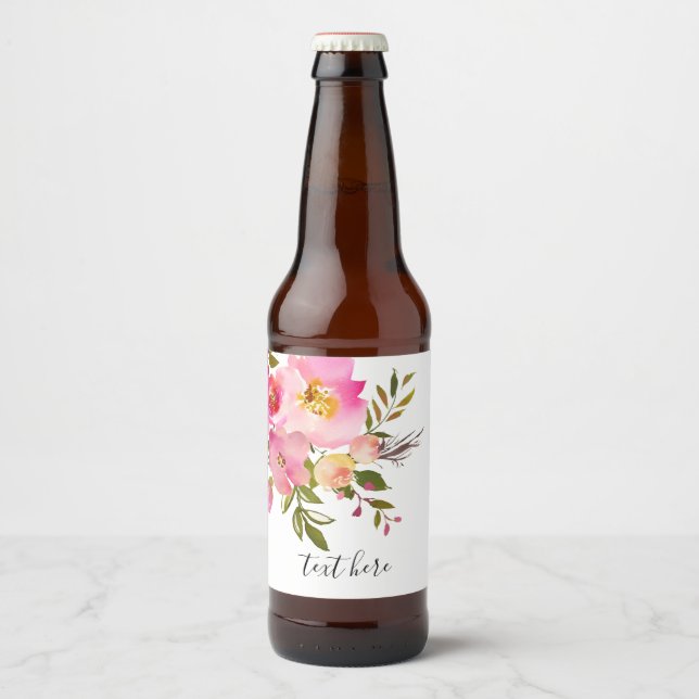 rosa blühende, süße, romantische Aquarellfarben-Bl Bierflaschenetikett (Vorderseite)