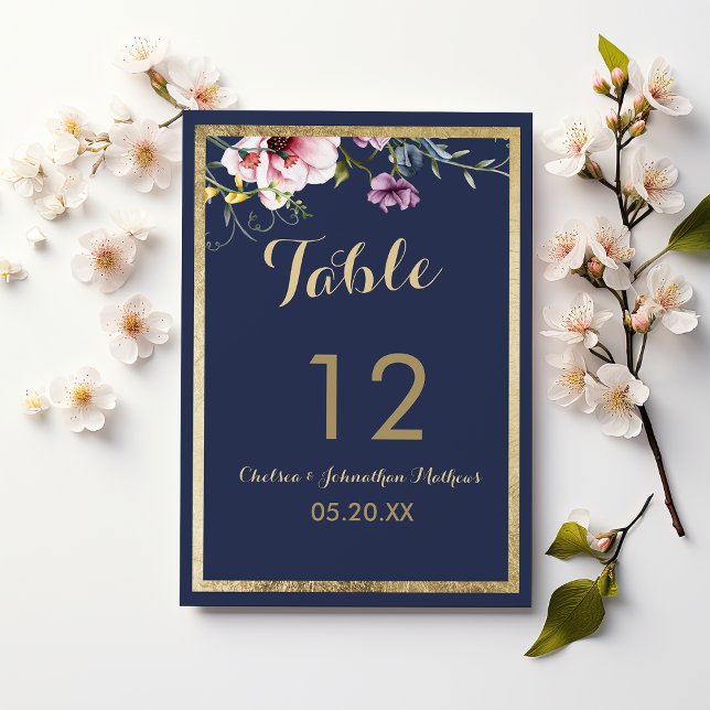 Rosa blühende Tischnummern aus Marineblau (Elegant navy blue gold pink floral Table Numbers)