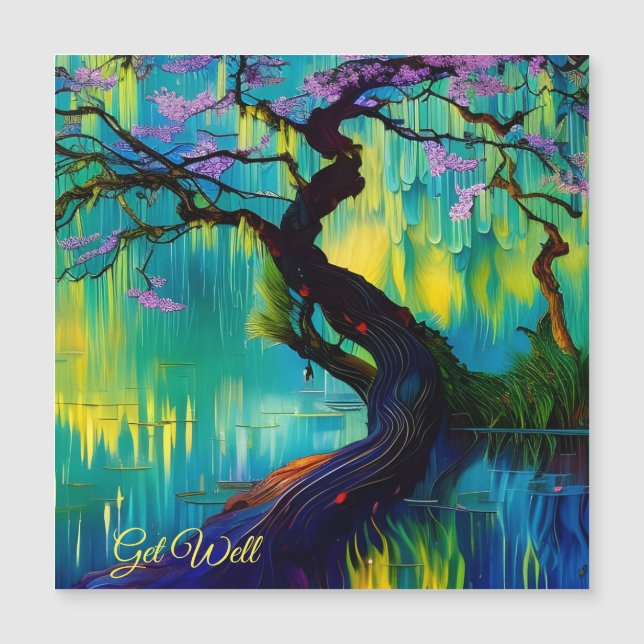 Rosa blühender Baum über Wasser wird gut Magnetkarte (Vorderseite)