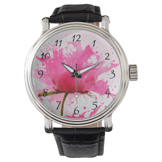 Rosa Blume Abstrakt Paint Spritzer Armbanduhr (Vorderseite)