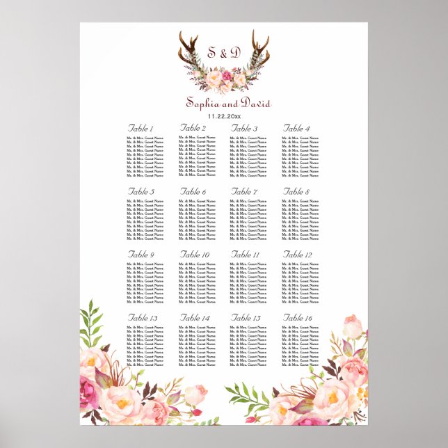Rosa Blume Antlers Wedding Chart Poster (Vorne)