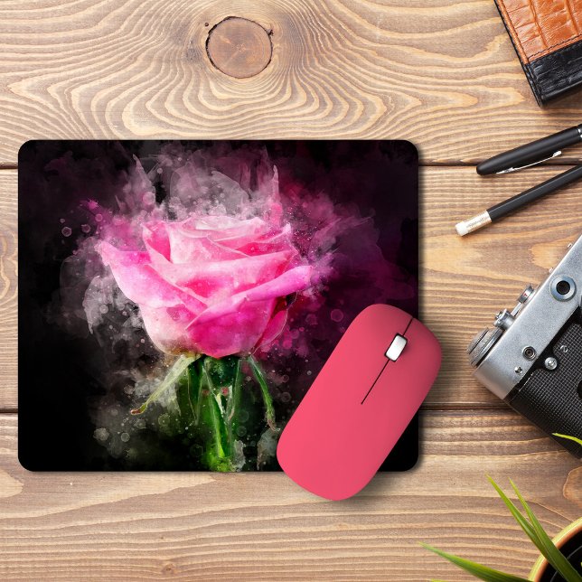 Rosa Blume Aquarell - bb Mousepad (Pink Rose Watercolor on Black Background. Mouse Pad)
