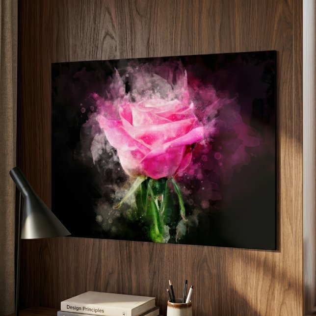 Rosa Blume Aquarell - bb Poster (Pink Rose Watercolor on Black Background. Poster)