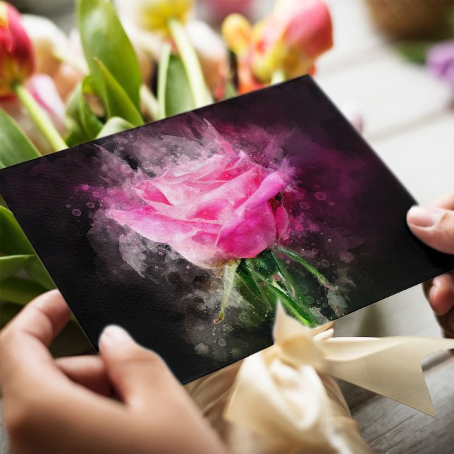 Rosa Blume Aquarell - bb Postkarte (Pink Rose Watercolor on Black Background. Postcard)