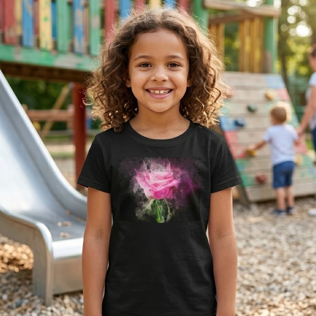 Rosa Blume Aquarell - bb T-Shirt (Pink Rose Watercolor on Black Background. Girl Basic Black T-Shirt)