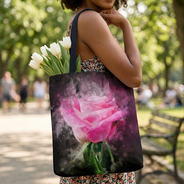 Rosa Blume Aquarell - bb Tasche (Pink Rose Watercolor on Black Background. Tote Bag)