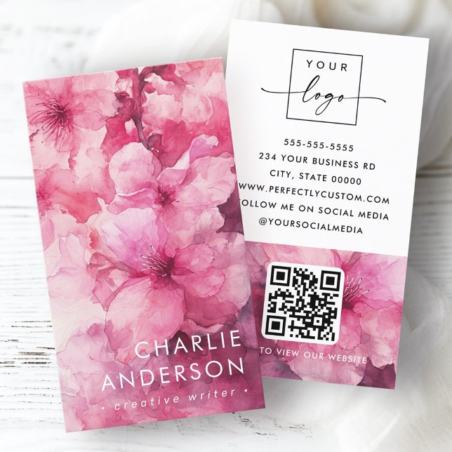 Rosa Blume Aquarell Blumenlogo QR-Code Visitenkarte (Pink floral watercolor flower floral logo QR code Business Card)