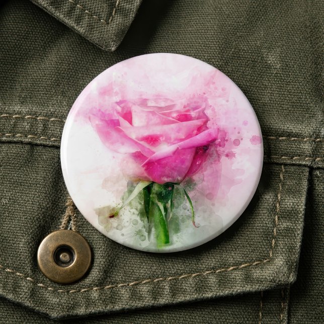 Rosa Blume Aquarell - wb Button (Pink Rose Watercolor Art on White Background. Button)