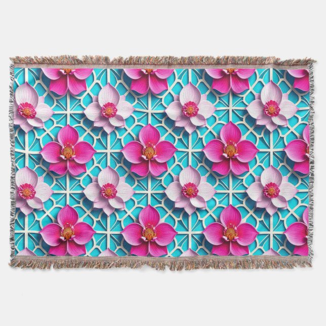 Rosa Blume auf einem geometrisch blauen Hintergrun Decke (Vorderseite)