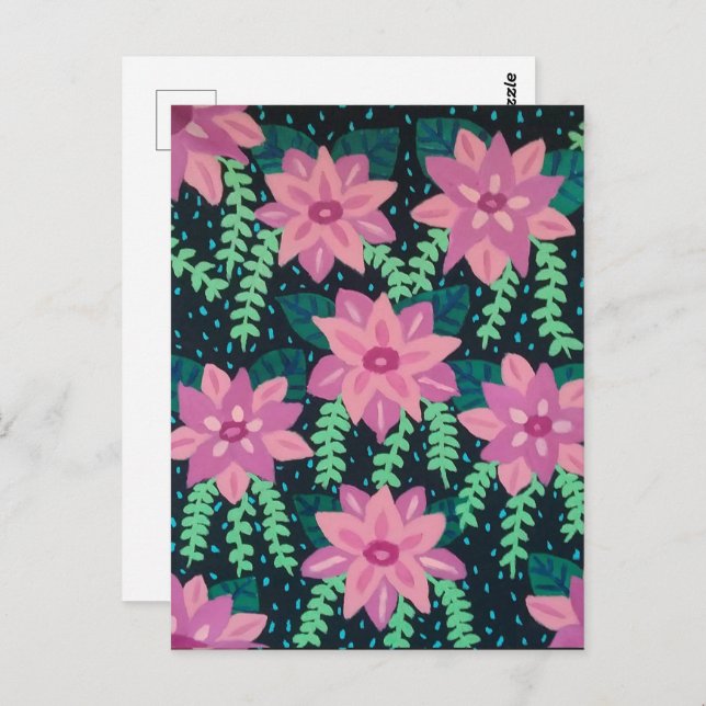 Rosa Blume auf schwarz Postkarte (Vorne/Hinten)