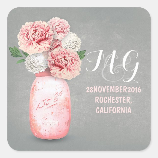 Rosa Blume bemalt Mason Glas Hochzeitsaufkleber Quadratischer Aufkleber (Vorderseite)