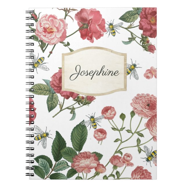 Rosa Blume Bienen Vintage Blüten Personalisiert Notizblock (Vorderseite)
