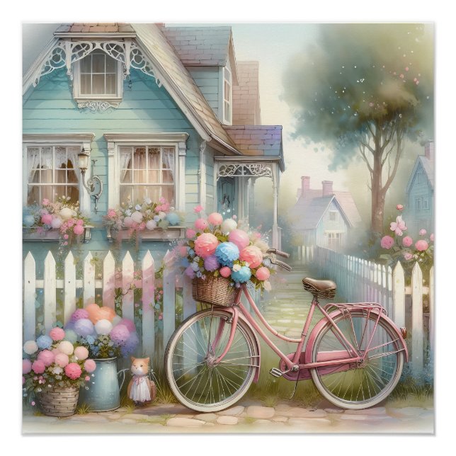 Rosa Blume Bike am Blue Hütte Gate Poster (Vorderseite)