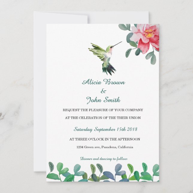 Rosa Blume & Bird Watercolor Hochzeitkarte Einladung (Vorderseite)