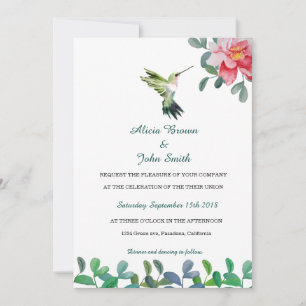 Rosa Blume & Bird Watercolor Hochzeitkarte Einladung