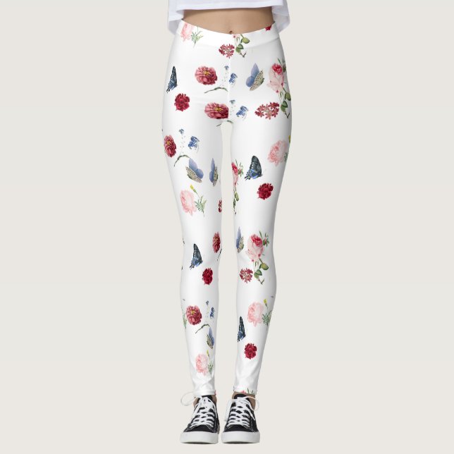 Rosa Blume Blauer Schmetterling Blumenmuster Leggings (Vorderseite)