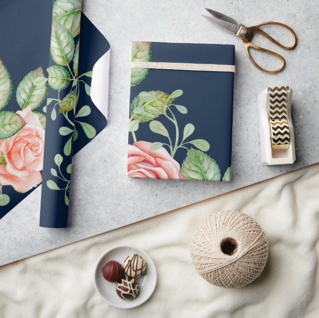 Rosa Blume blaues Wrapping Paper Geschenkpapier (Kunsthandwerk)