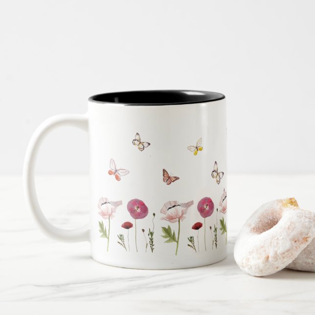 Rosa Blume Blumengarten Schmetterlingsmuster Tasse (Mit Donut)