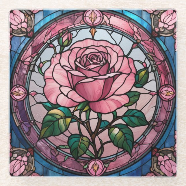 Rosa Blume Blumengestanztes Glas Kunst Glasuntersetzer (Vorderseite)