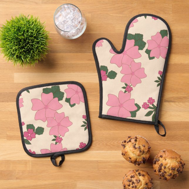Rosa Blume, Blumenmuster, Muster von Blume Ofenhandschuh & Topflappen-Set (Oben Unten)