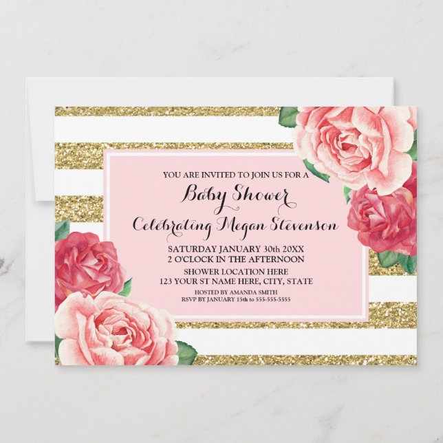 Rosa Blume Blush Gold Streifen Babydusche Einladung (Rückseite)