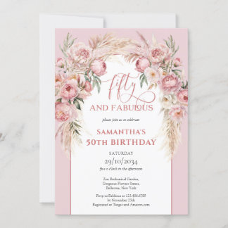 Rosa Blume boho arch pampas 50. Geburtstag Einladung