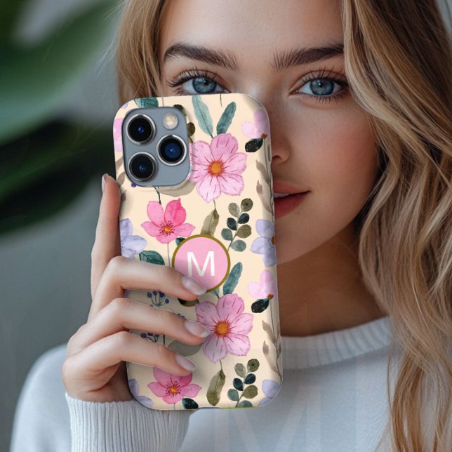 Rosa Blume boho monogramm iPhone Gehäuse 16 Hülle (Von Creator hochgeladen)