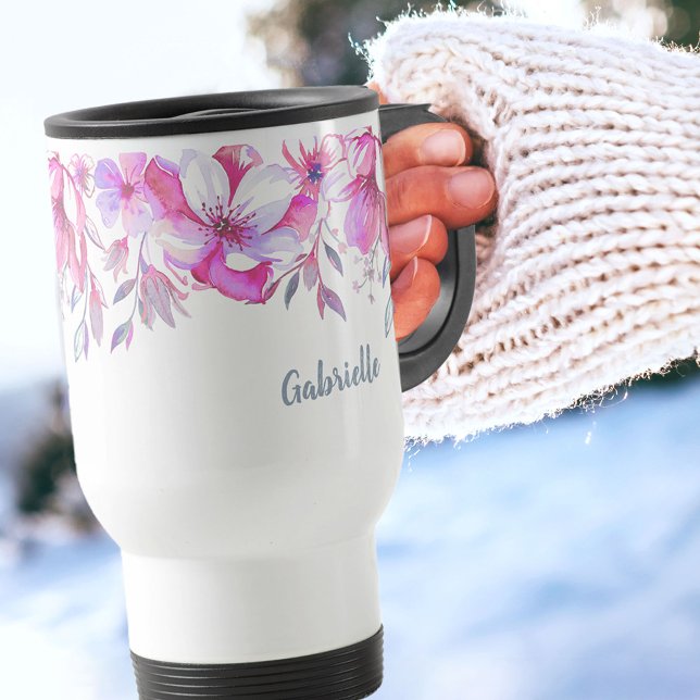 Rosa Blume Border and Brush Script Name Reisebecher (Von Creator hochgeladen)