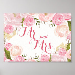 Rosa Blume Brautparty SIGN Mr. and Mrs. Poster