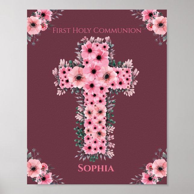 Rosa Blume Chic Erste Heilige Kommunion Girl Poster (Vorne)