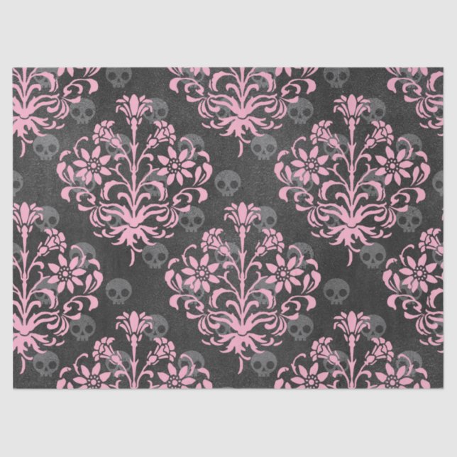 Rosa Blume Damask on Skulls on Grau Decoupage Seidenpapier (Vorderseite)