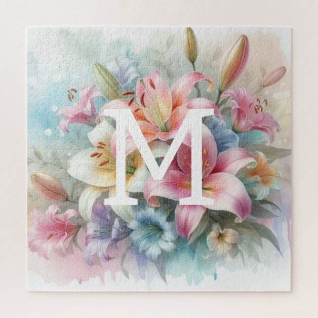 Rosa Blume der Floral Aquarell Monogramm (Vertikal)