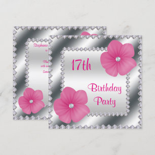 Rosa Blume & Diamanten 17. Geburtstag Einladung