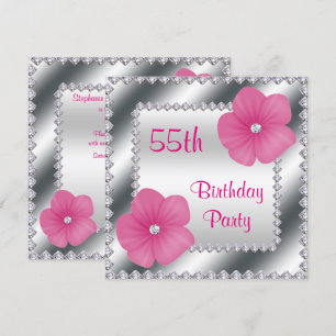 Rosa Blume & Diamanten 55. Geburtstag Einladung