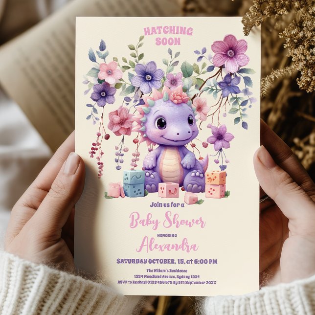 Rosa Blume Dino Girl Babydusche Einladung (Von Creator hochgeladen)