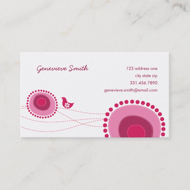 Rosa Blume Dots and Happy Bird Fun Visitenkarte / (Vorderseite)