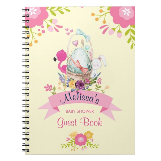 Rosa Blume, Ei, Flamingo & Bunny Watercolor Notizblock (Vorderseite)