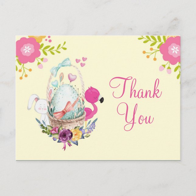 Rosa Blume, Ei, Flamingo und sonniges Party Danke Postkarte (Vorderseite)