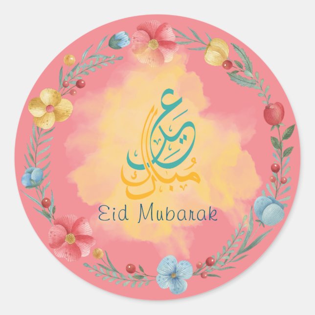 Rosa Blume Eid Mubarak Round Aufkleber (Vorderseite)