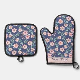 Rosa Blume Elegantes Muster Ofenhandschuh & Topflappen-Set