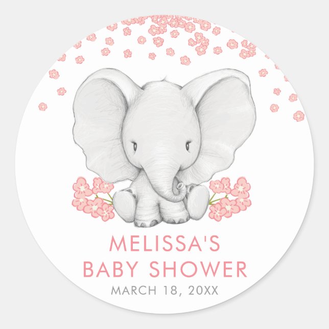 Rosa Blume Elephant Girl Baby Shower Babydusche Runder Aufkleber (Vorderseite)