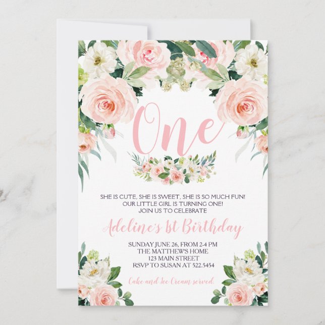 Rosa Blume erste Geburtstagsfeier Einladung (Vorderseite)