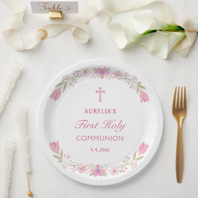 Rosa Blume Erste Kommunalrunde Pappteller (Hochzeit)