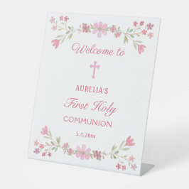 Rosa Blume Erste Kommune Willkommen Sockelschild