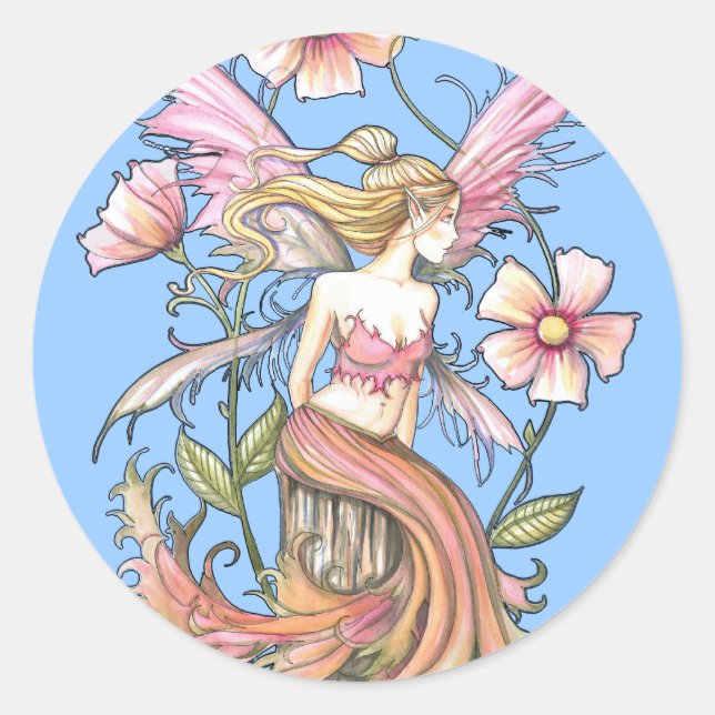 Rosa Blume Fairy Art Runder Aufkleber (Vorderseite)