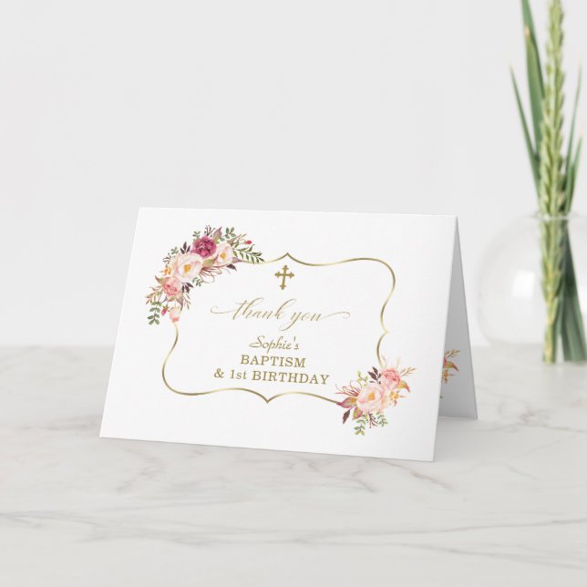 Rosa Blume Frame Gold 1. Geburtstag Taufe Dankeskarte (Vorderseite)