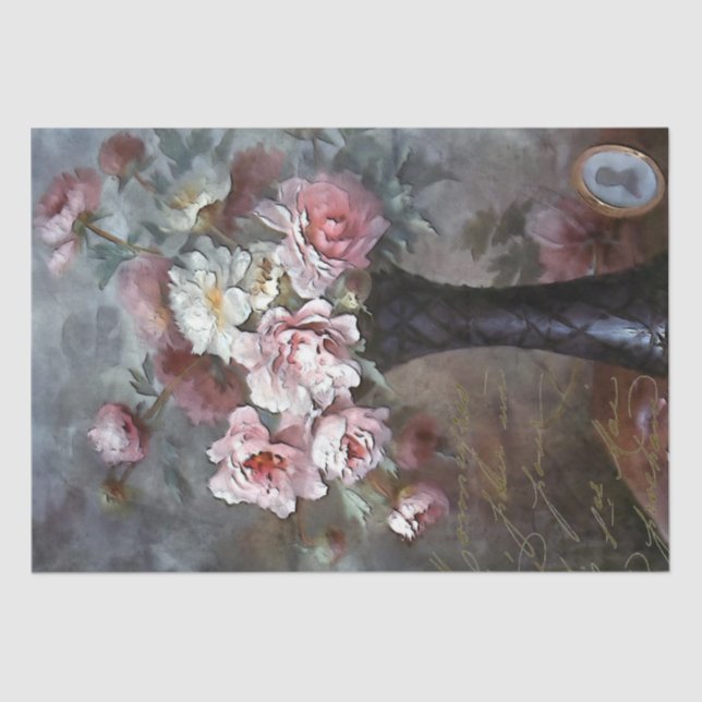 Rosa Blume Französisch Script Vase Decoupage Seidenpapier (Vorderseite)