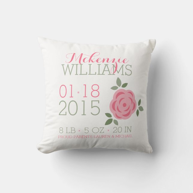 Rosa Blume Geburtsankündigung des Kindes Kissen (Vorderseite)